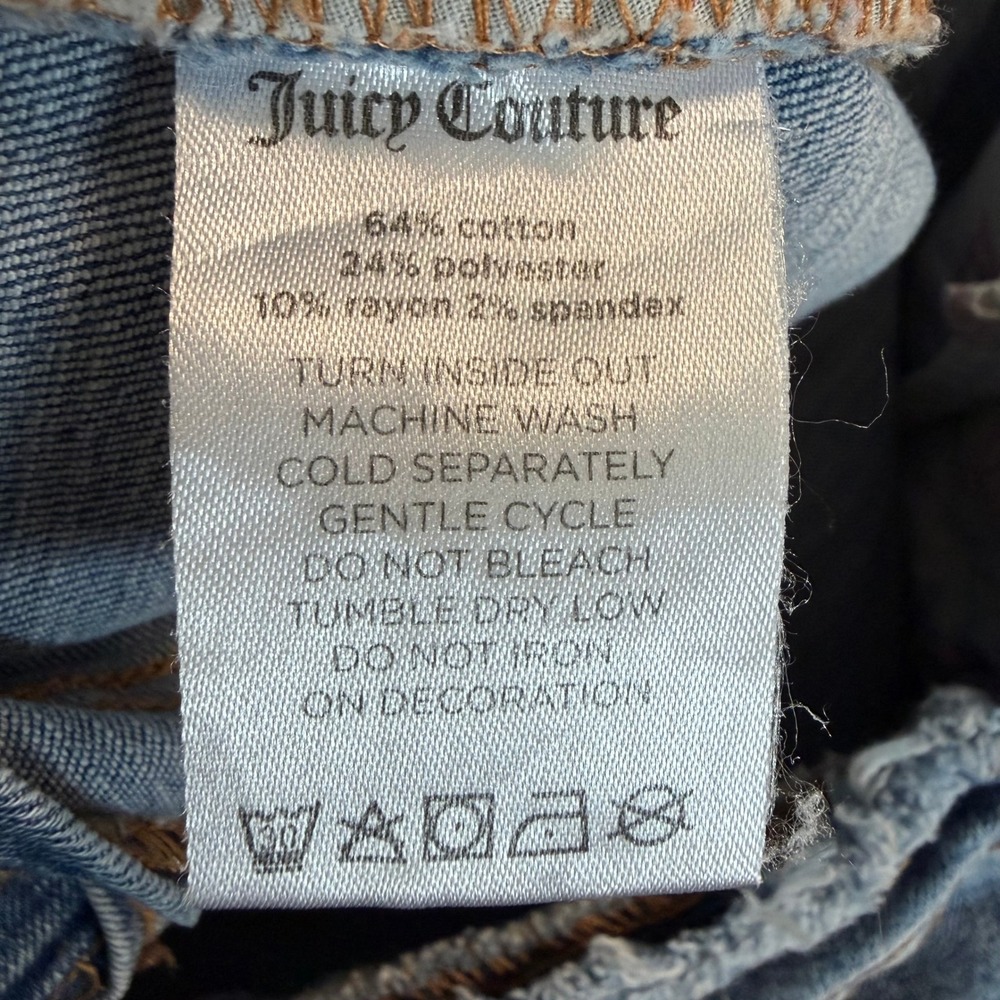 Y2K Juicy Couture Denim Midi Skirt Size 14 Heart Rhinestone Pockets Raw Hem Blue - Picture 6 of 9